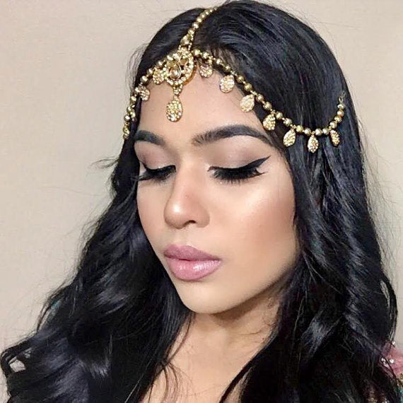 Lily Gold Rhinestone Matha Patti Wedding Bridal Goddess Bohemian Boho Grecian Head Chain Hair Jewelry Piece Bollywood Wedding Gold Crystal Rhinestone