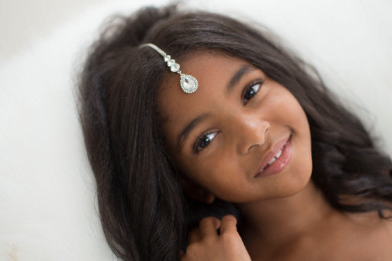 Child Tikka Maang forehead jewelry diamond crystal head chain boho grecian hair accessory