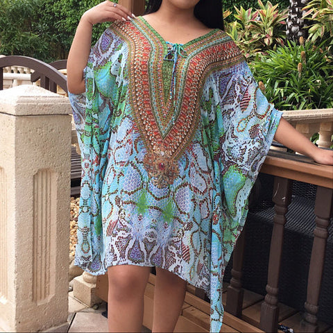 Blue Green Jeweled Embellished Python Kaftan Kimono