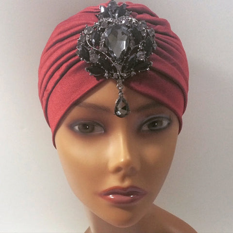 Maroon Burgundy Glamorous Turban Pendant Turbanista Bohemian Great Gatsby