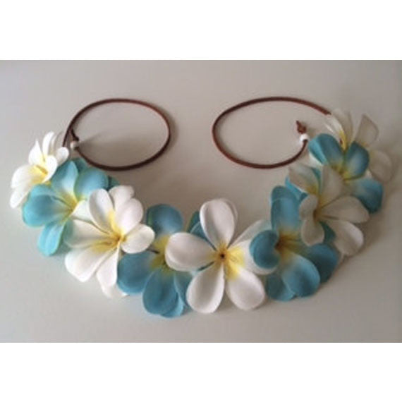 Blue White Hawaiian Plumeria Flower Crown Boho Flower Girl Bohemian Beach Floral Halo Bride Festival