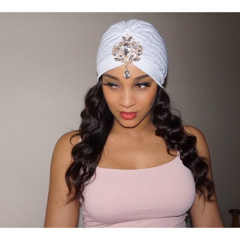 White Gold Gem Turban Bohemian Indian Bollywood Great Gatsby Turban chic Glamour Goddess