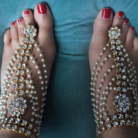 Polynesian Pearl Rhinestone Barefoot Sandals Wedding