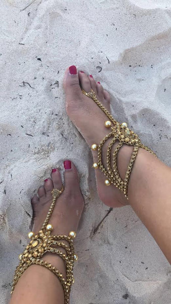 Gaia Gold Jeweled Barefoot Beach Sandals